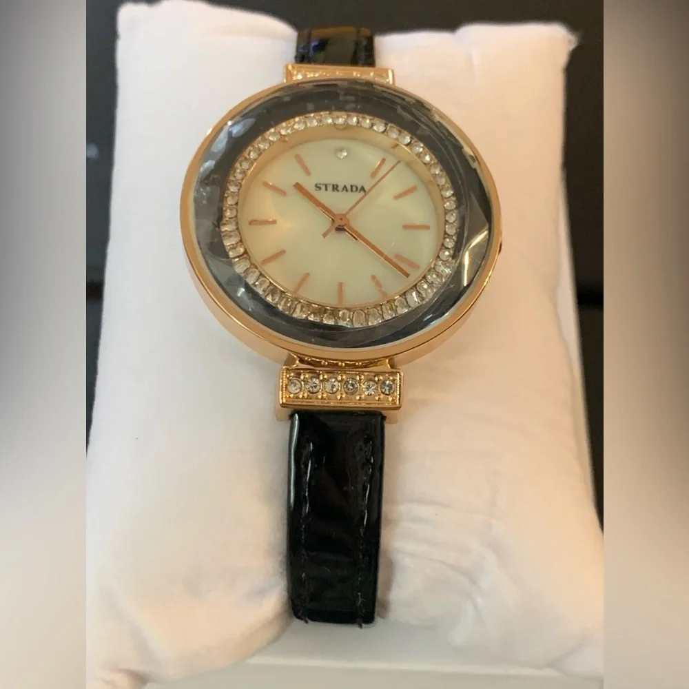 Austrian Crystal, Enameled Japanese Movement Watch. Black Faux Leather Band